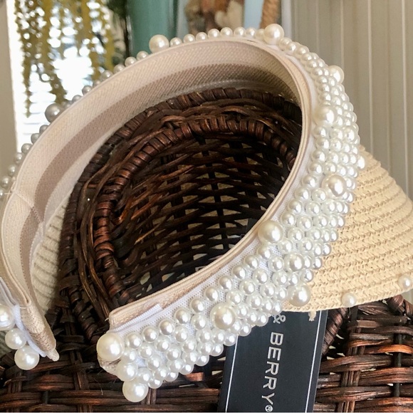 NWT! Straw Visor Trimmed in White Pearl Beads - Picture 2 of 5